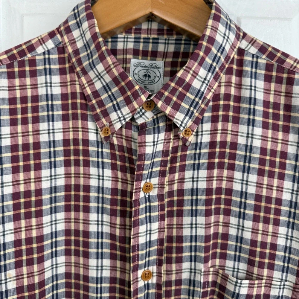 Brooks Brothers‎ Plaid Button Down Sports Shirt XL Burgundy Navy Cotton Fall